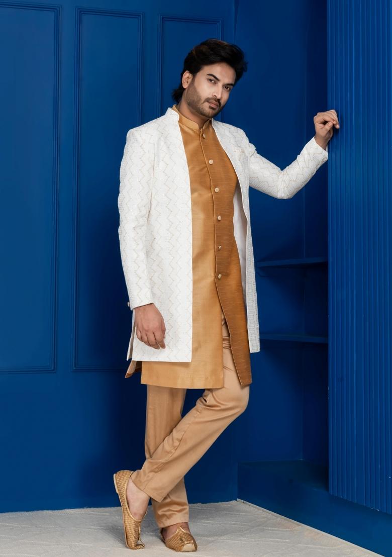 White Embroidery Jacquard Sherwani Set For Men - Indya