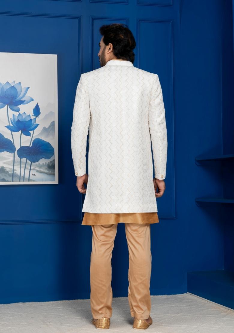 White Embroidery Jacquard Sherwani Set For Men - Indya