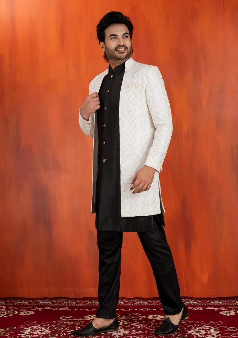 White Embroidery Jacquard Sherwani Set For Men - Indya