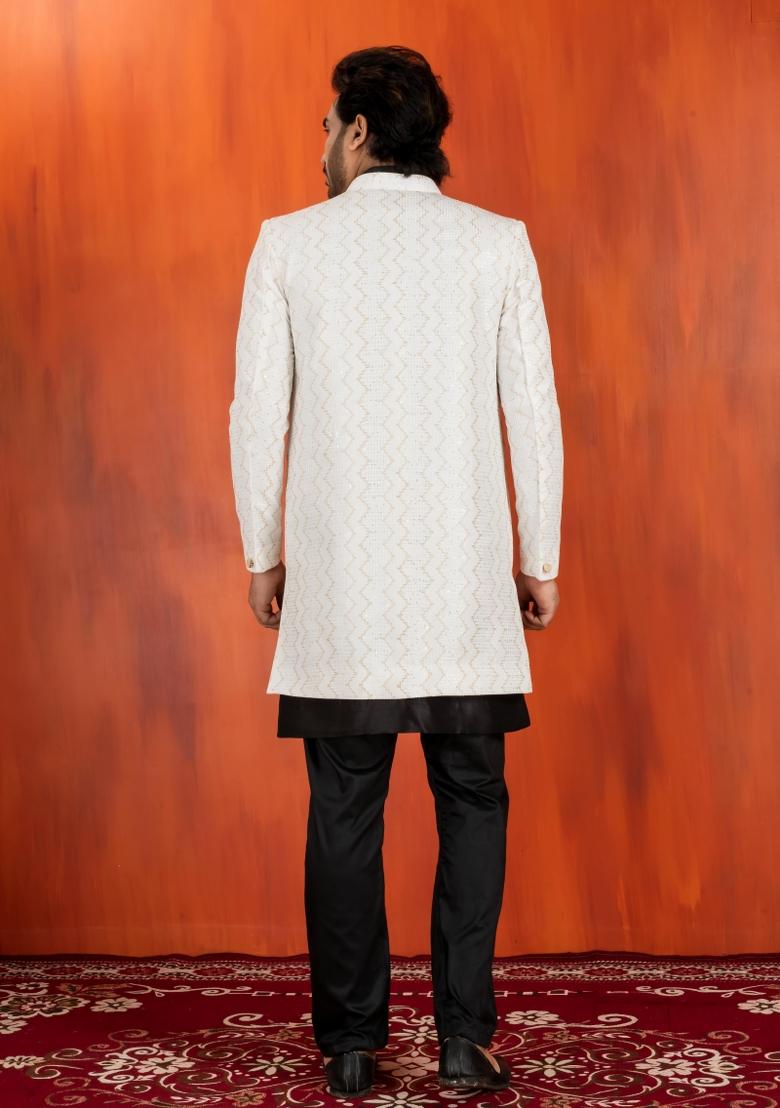 White Embroidery Jacquard Sherwani Set For Men - Indya