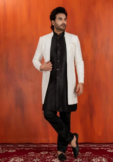 White Embroidery Jacquard Sherwani Set For Men