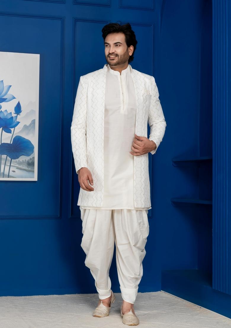 White Embroidery Jacquard Sherwani Set For Men - Indya