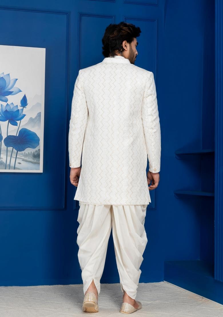 White Embroidery Jacquard Sherwani Set For Men - Indya