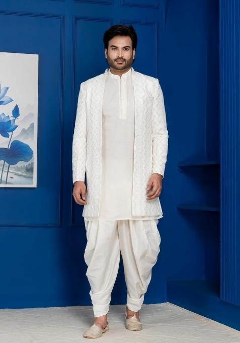 White Embroidery Jacquard Sherwani Set For Men