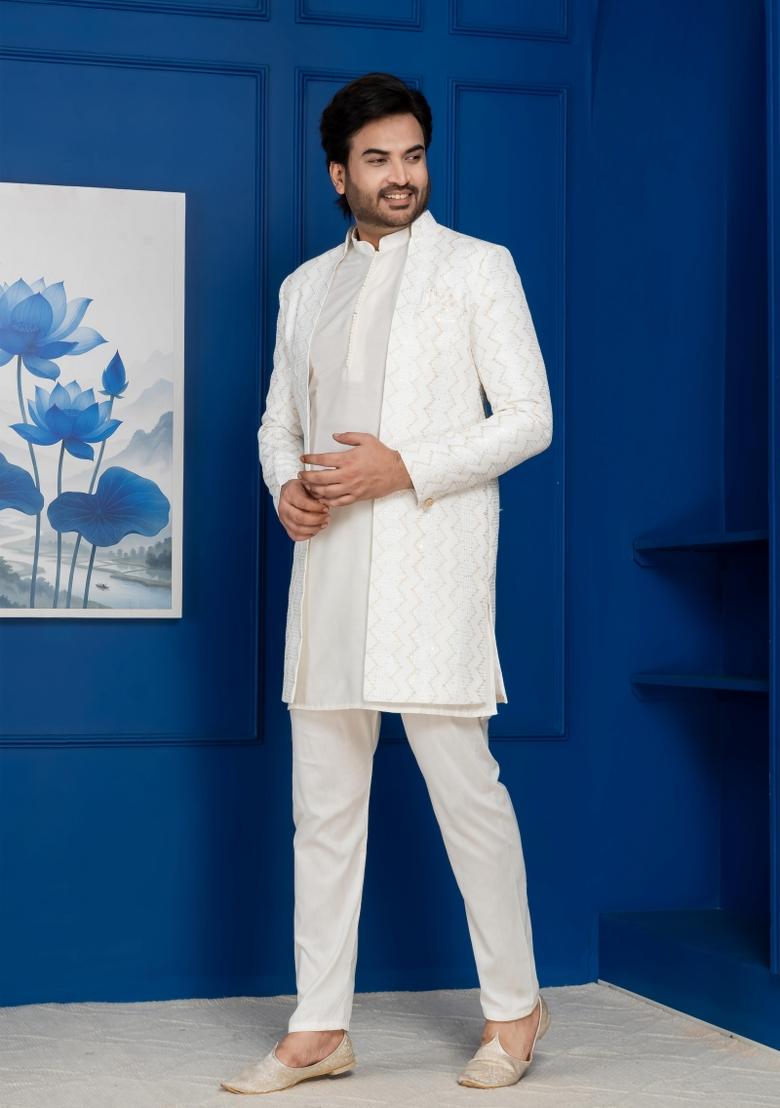 White Embroidery Jacquard Sherwani Set For Men - Indya