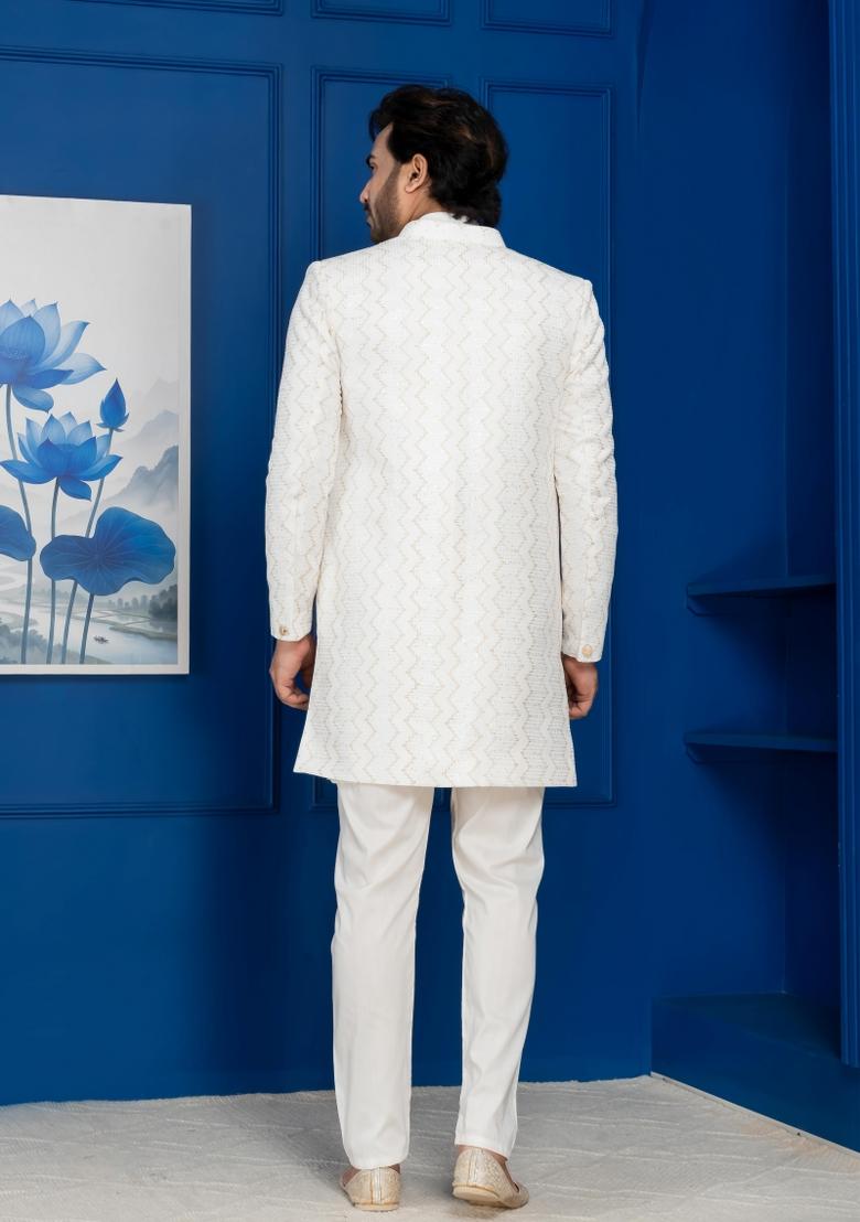 White Embroidery Jacquard Sherwani Set For Men - Indya