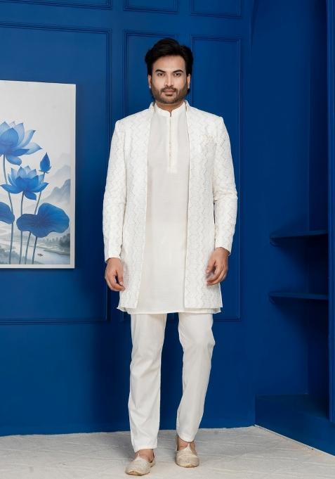 White Embroidery Jacquard Sherwani Set For Men