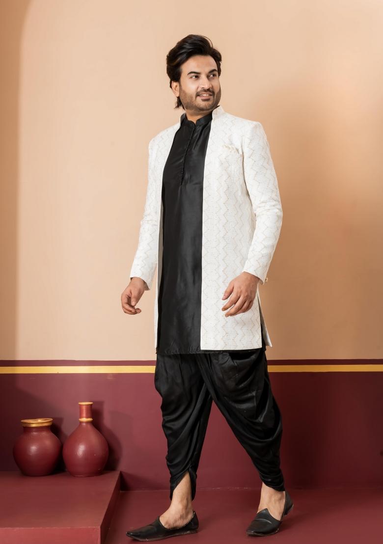 White Embroidery Jacquard Sherwani Set For Men - Indya