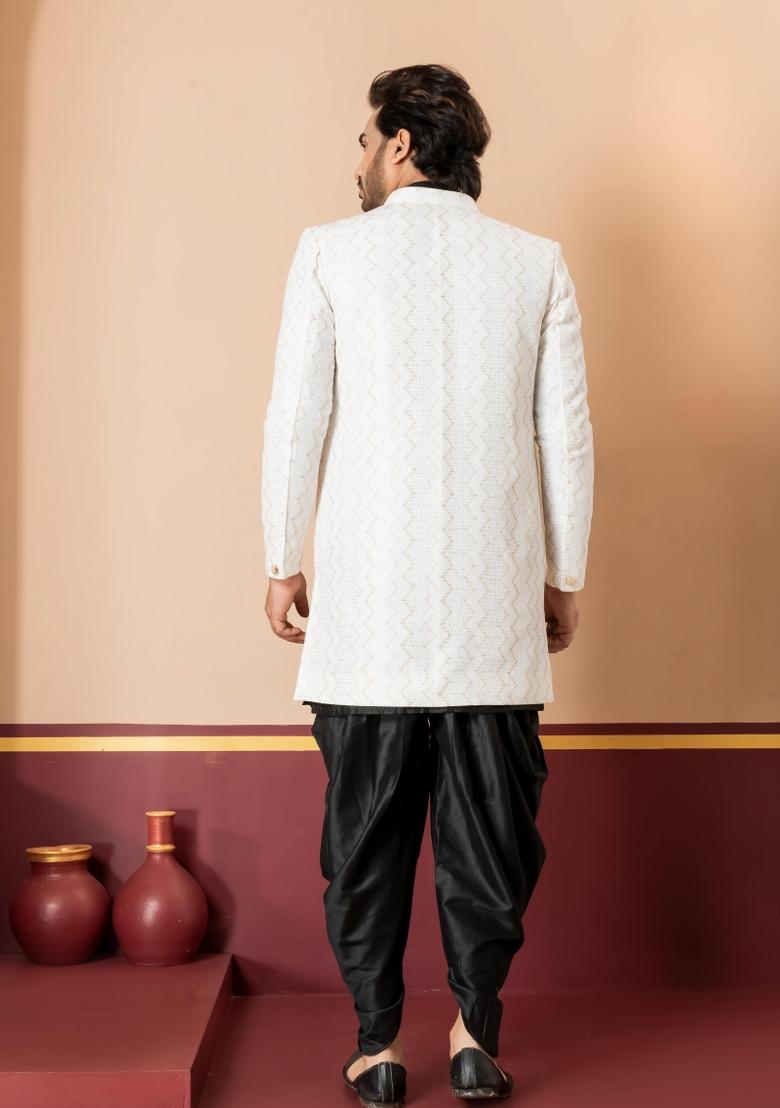 White Embroidery Jacquard Sherwani Set For Men - Indya
