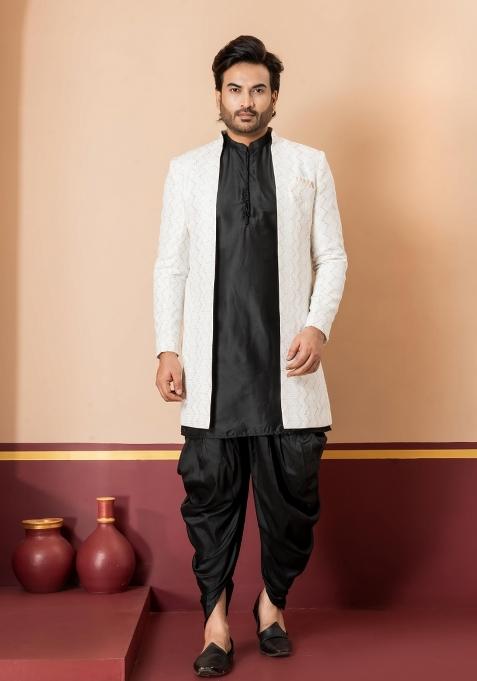 White Embroidery Jacquard Sherwani Set For Men
