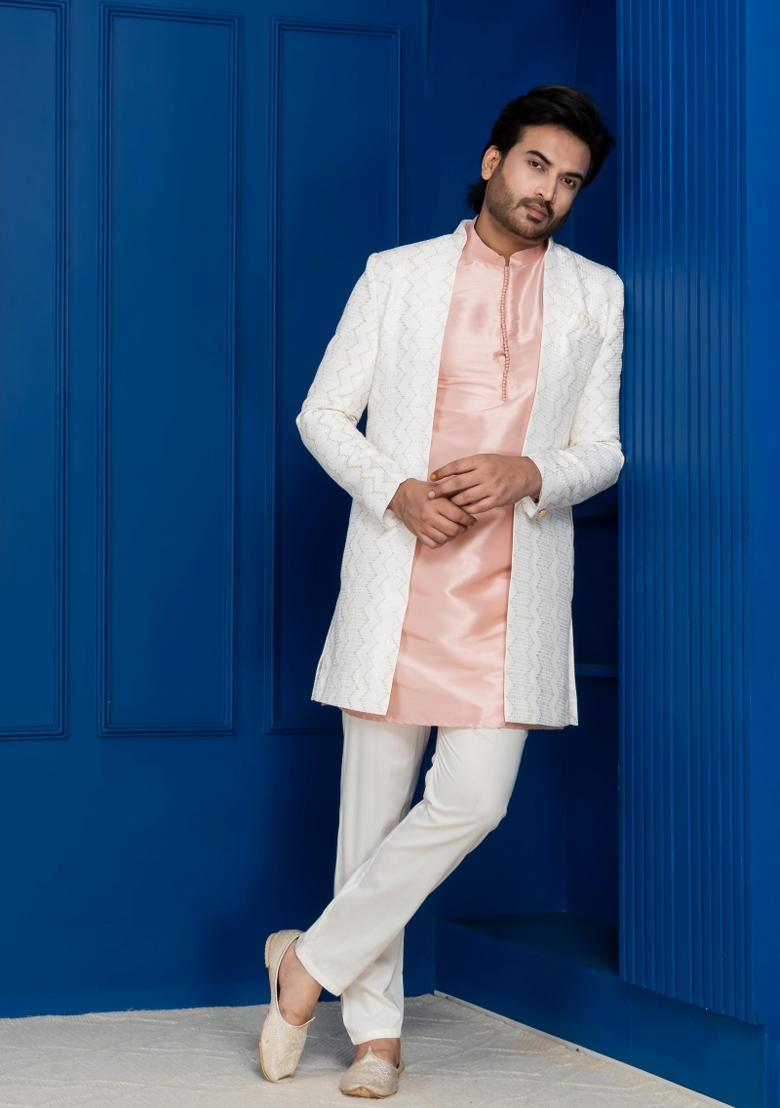White Embroidery Jacquard Sherwani Set For Men - Indya