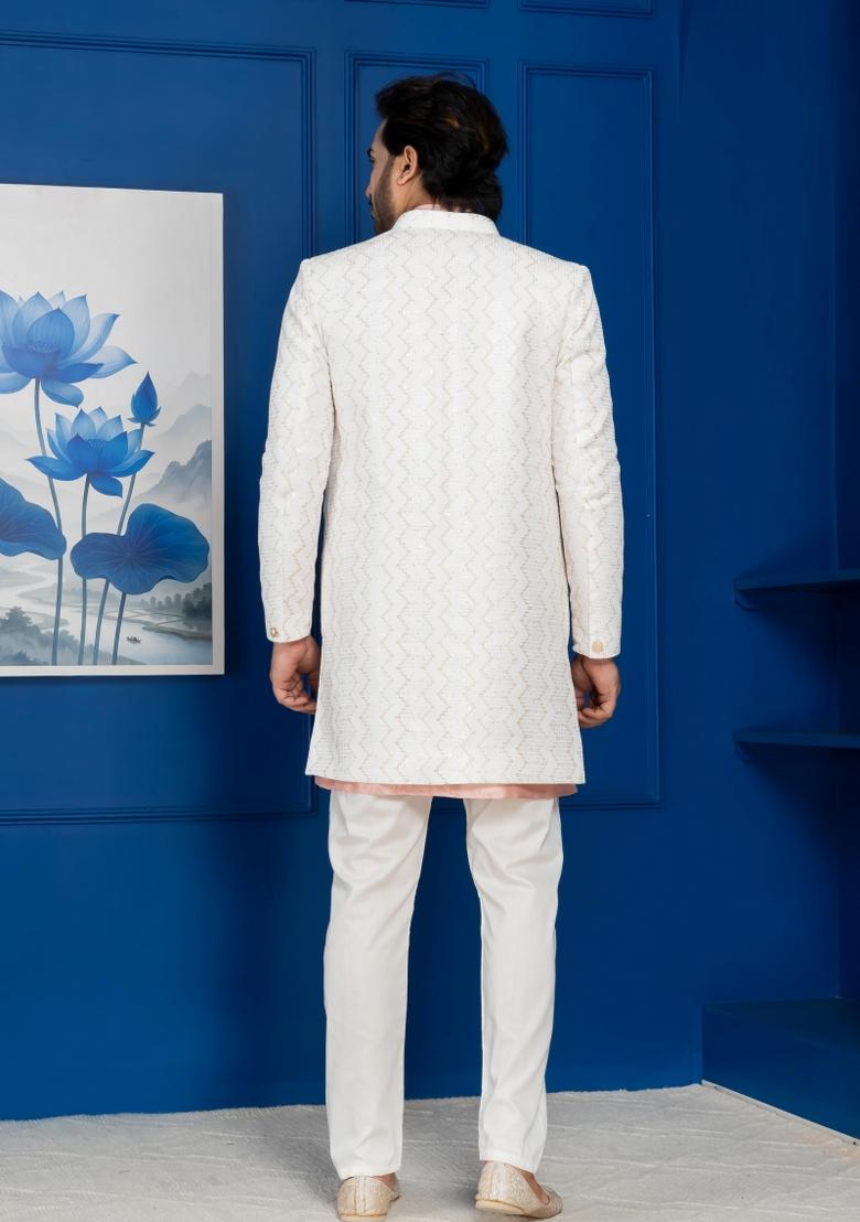 White Embroidery Jacquard Sherwani Set For Men - Indya