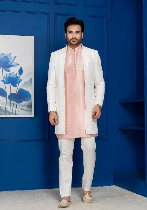 White Embroidery Jacquard Sherwani Set For Men