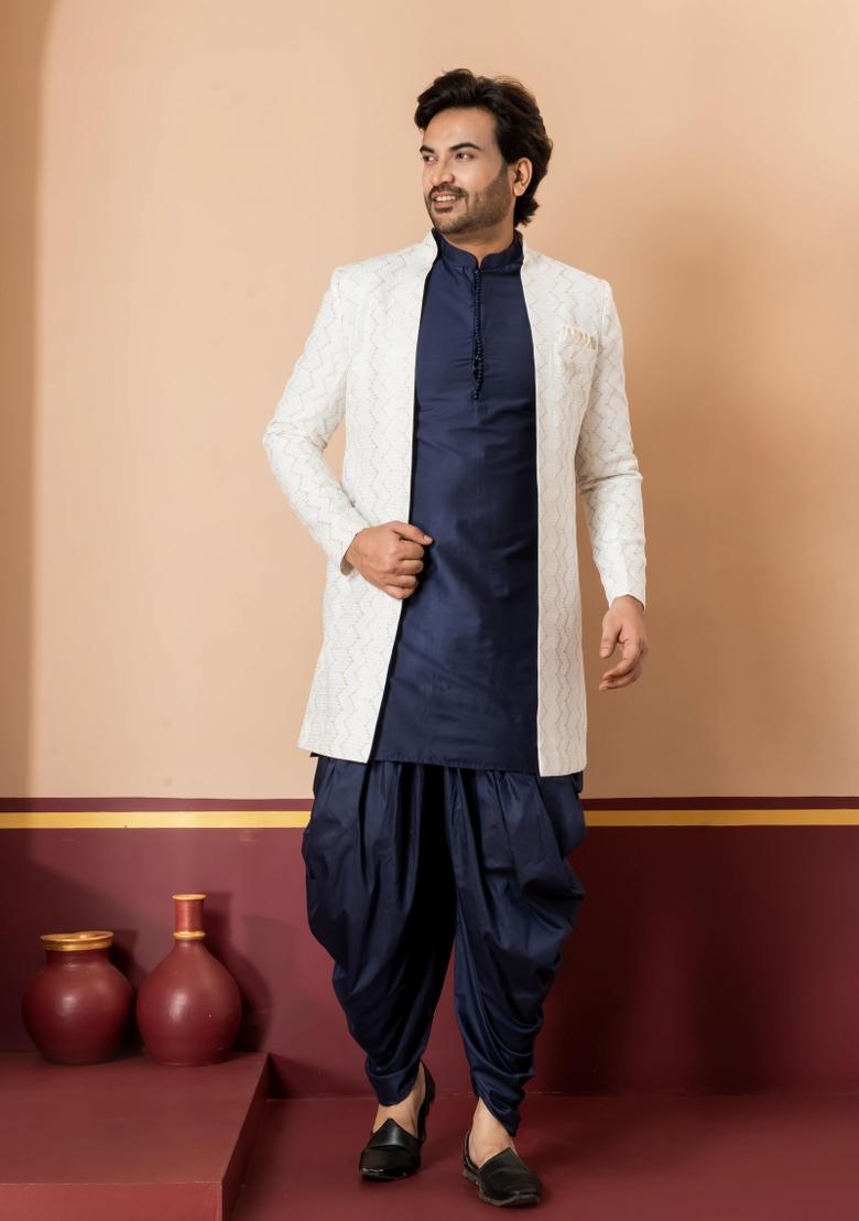 White Embroidery Jacquard Sherwani Set For Men - Indya