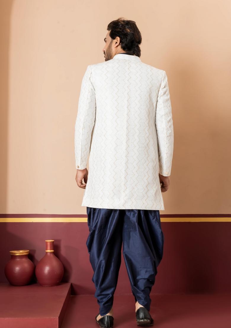White Embroidery Jacquard Sherwani Set For Men - Indya