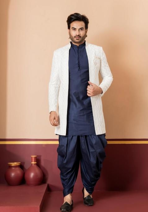 White Embroidery Jacquard Sherwani Set For Men
