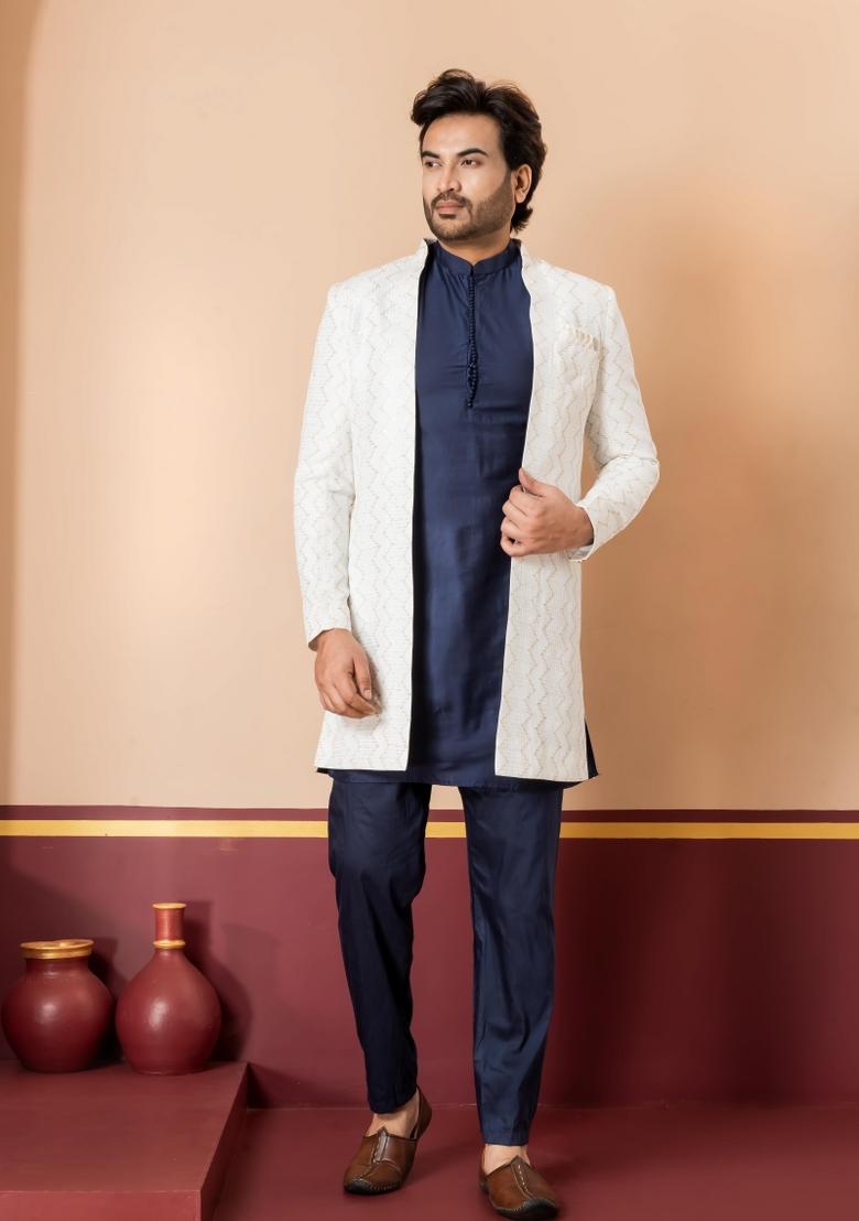 White Embroidery Jacquard Sherwani Set For Men - Indya