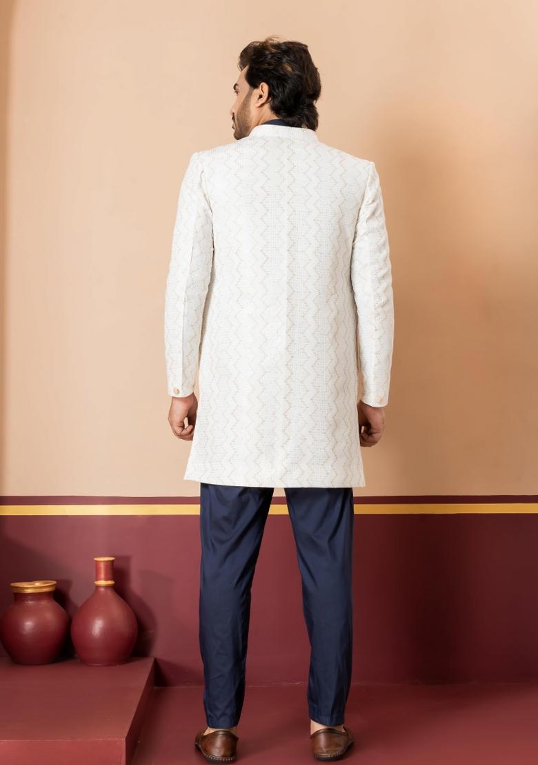 White Embroidery Jacquard Sherwani Set For Men - Indya