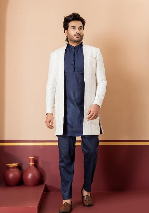 White Embroidery Jacquard Sherwani Set For Men
