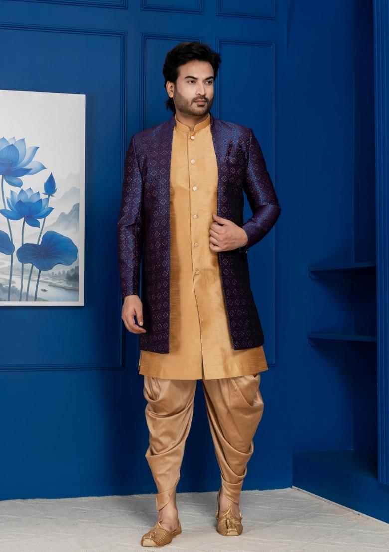 Navy Blue Embroidery Jacquard Sherwani Set For Men - Indya