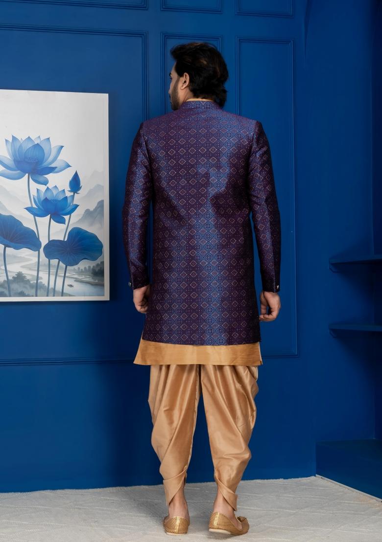 Navy Blue Embroidery Jacquard Sherwani Set For Men - Indya