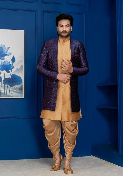 Navy Blue Embroidery Jacquard Sherwani Set For Men