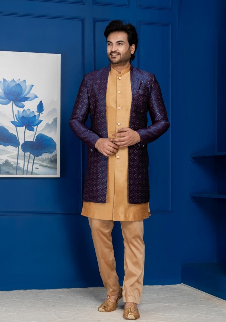 Navy Blue Embroidery Jacquard Sherwani Set For Men - Indya