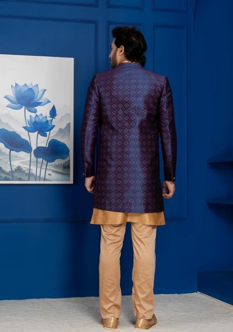 Navy Blue Embroidery Jacquard Sherwani Set For Men - Indya