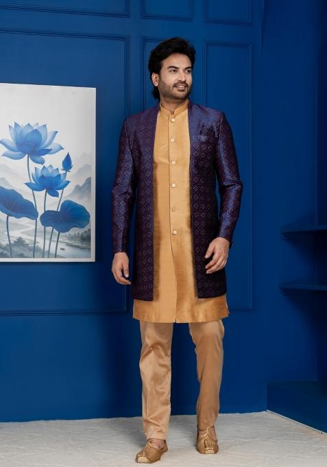Navy Blue Embroidery Jacquard Sherwani Set For Men