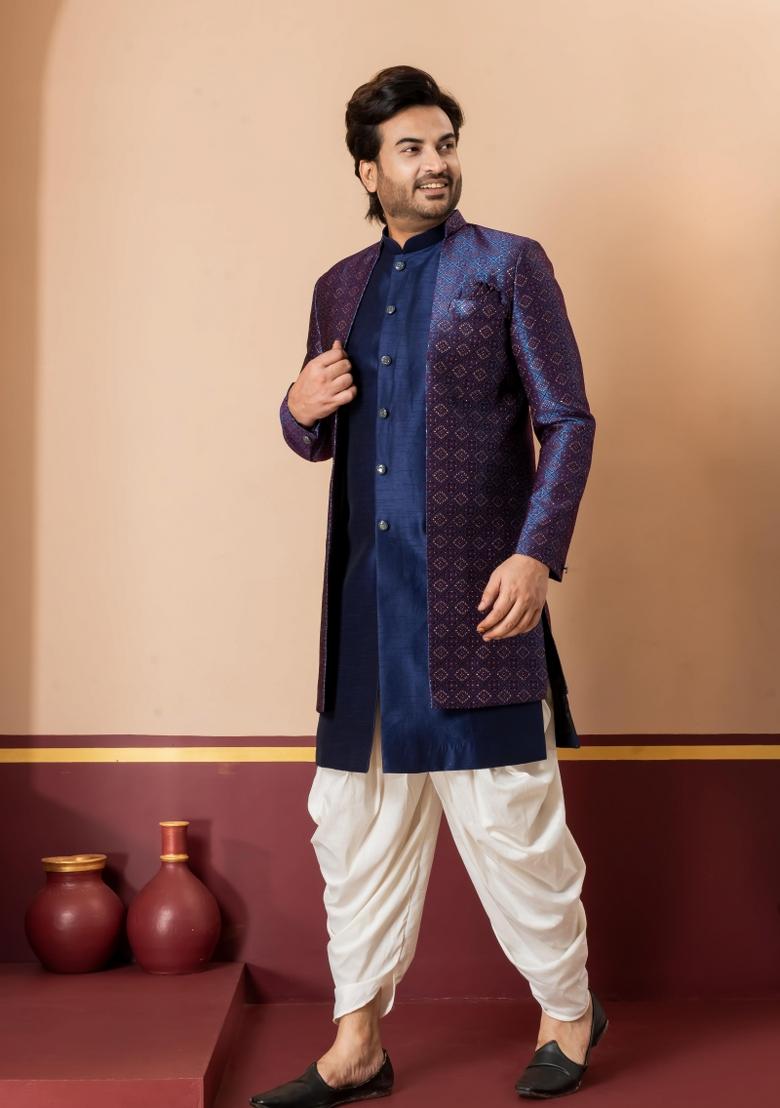 Navy Blue Embroidery Jacquard Sherwani Set For Men - Indya
