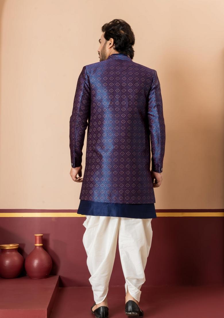 Navy Blue Embroidery Jacquard Sherwani Set For Men - Indya