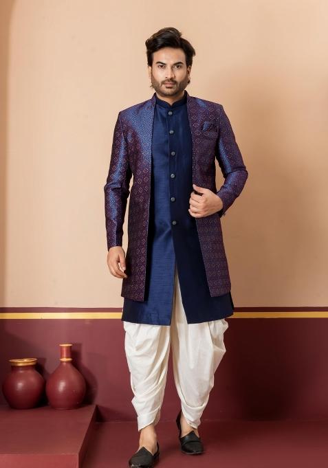 Navy Blue Embroidery Jacquard Sherwani Set For Men