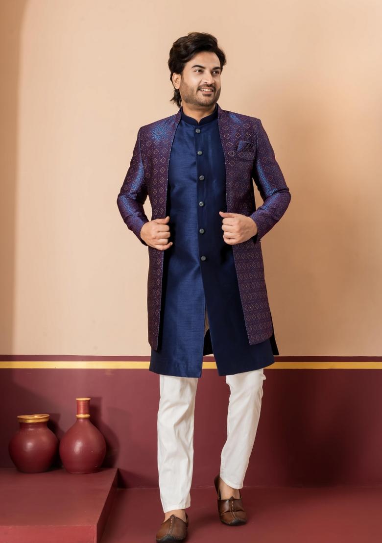 Navy Blue Embroidery Jacquard Sherwani Set For Men - Indya