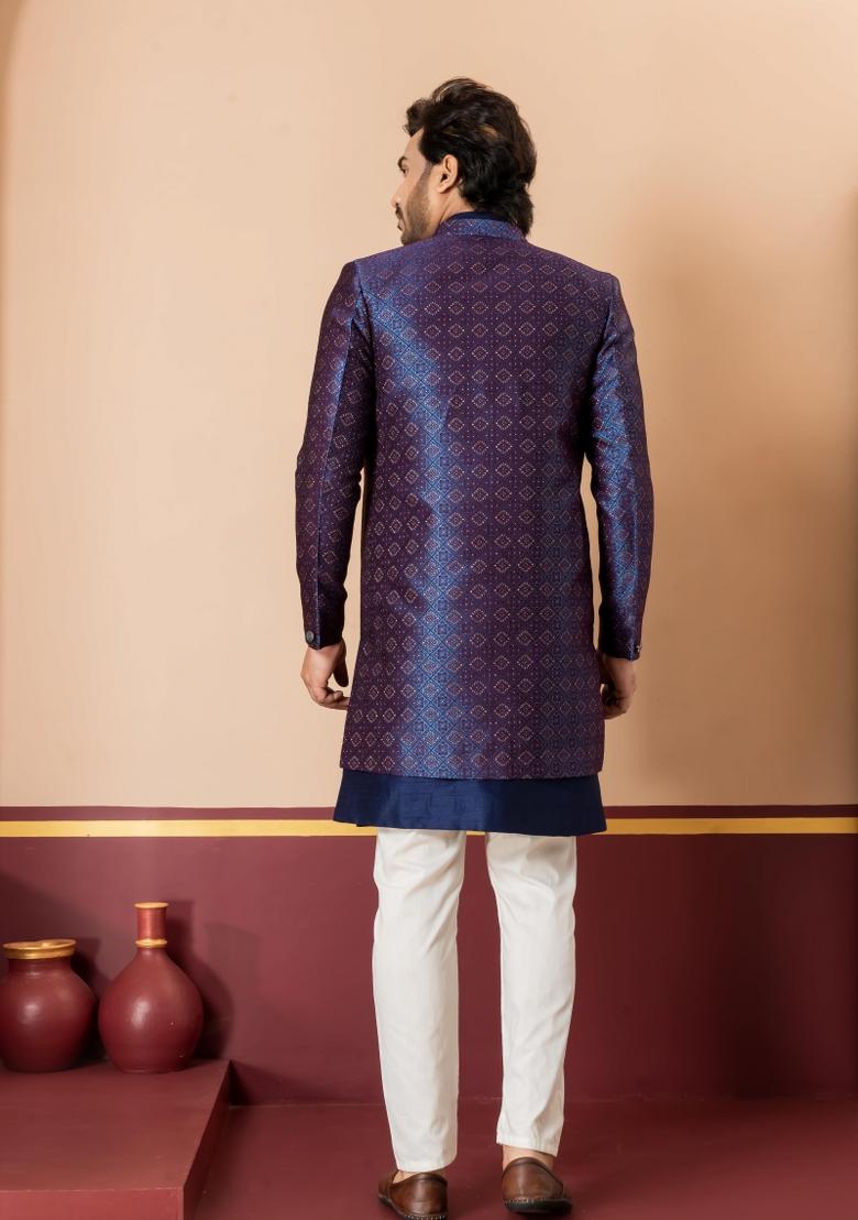 Navy Blue Embroidery Jacquard Sherwani Set For Men - Indya