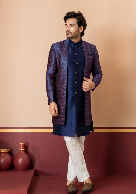 Navy Blue Embroidery Jacquard Sherwani Set For Men