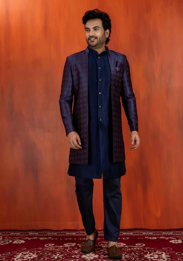 Navy Blue Embroidery Jacquard Sherwani Set For Men - Indya