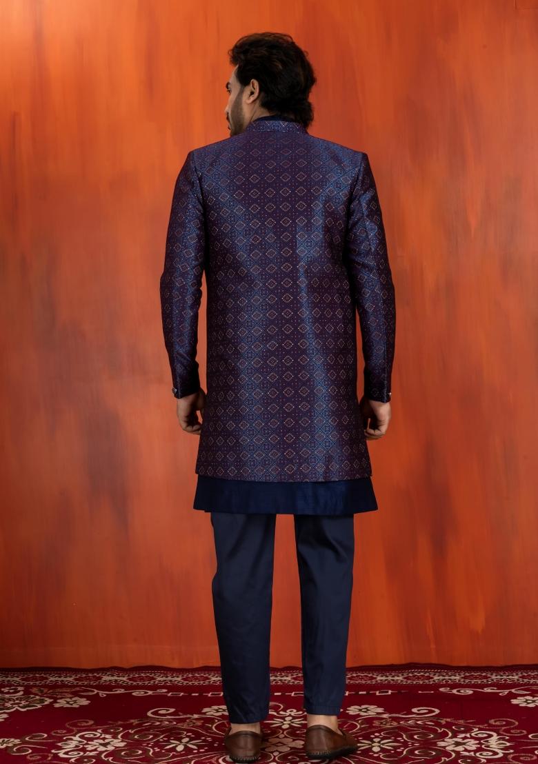 Navy Blue Embroidery Jacquard Sherwani Set For Men - Indya