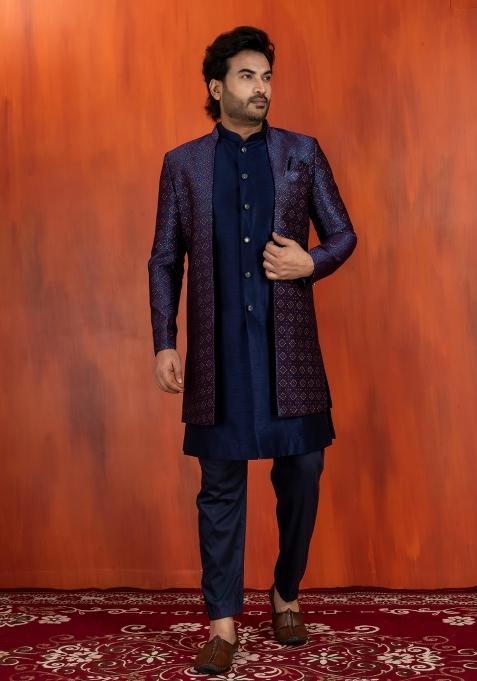 Navy Blue Embroidery Jacquard Sherwani Set For Men