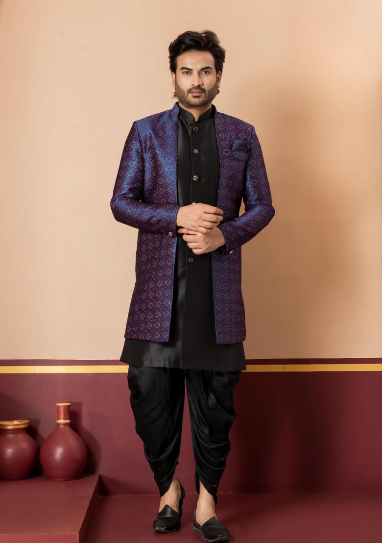 Navy Blue Embroidery Jacquard Sherwani Set For Men - Indya