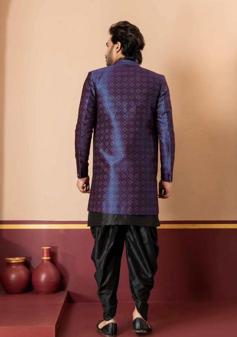 Navy Blue Embroidery Jacquard Sherwani Set For Men - Indya