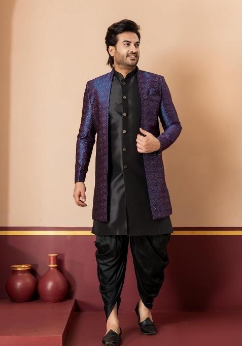 Navy Blue Embroidery Jacquard Sherwani Set For Men