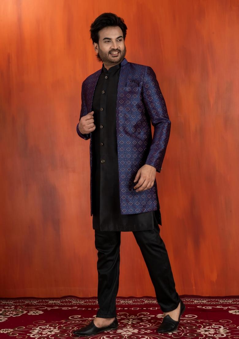 Navy Blue Embroidery Jacquard Sherwani Set For Men - Indya