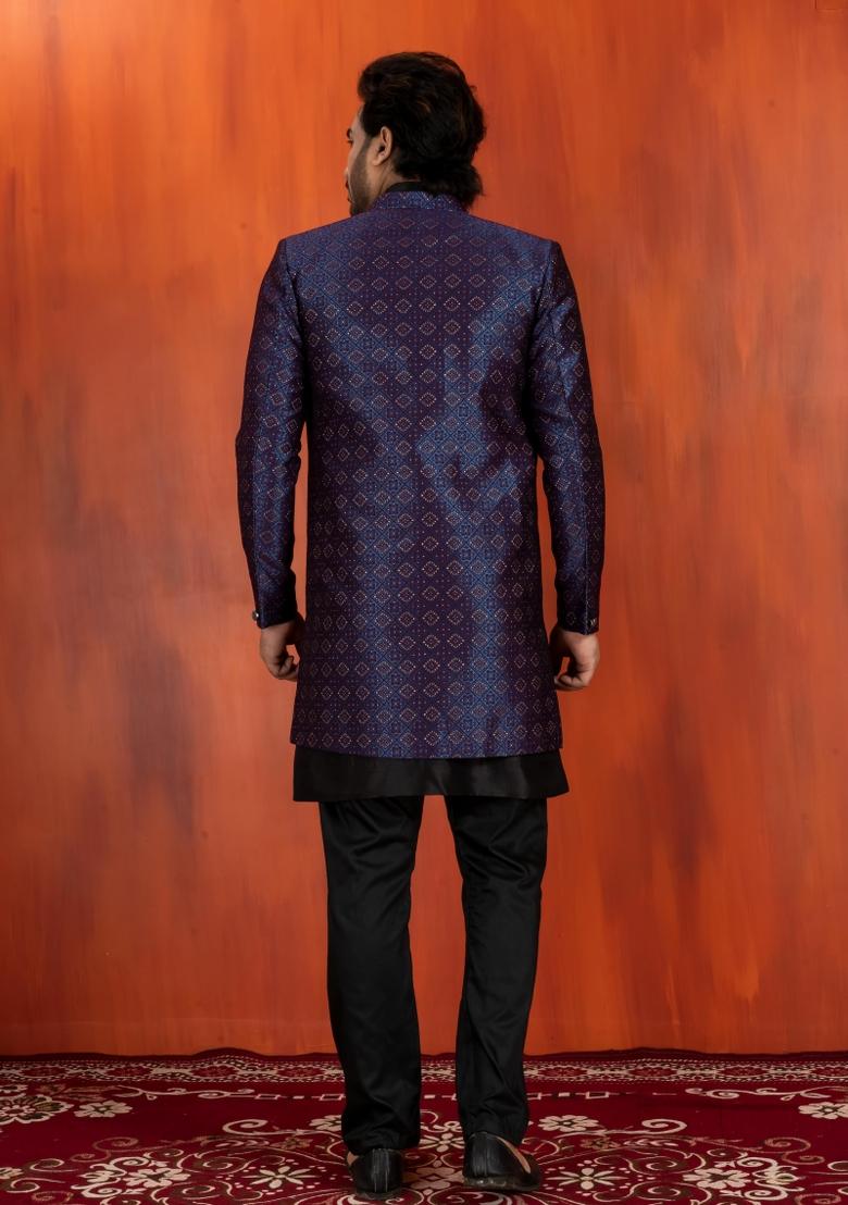 Navy Blue Embroidery Jacquard Sherwani Set For Men - Indya