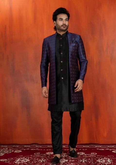Navy Blue Embroidery Jacquard Sherwani Set For Men