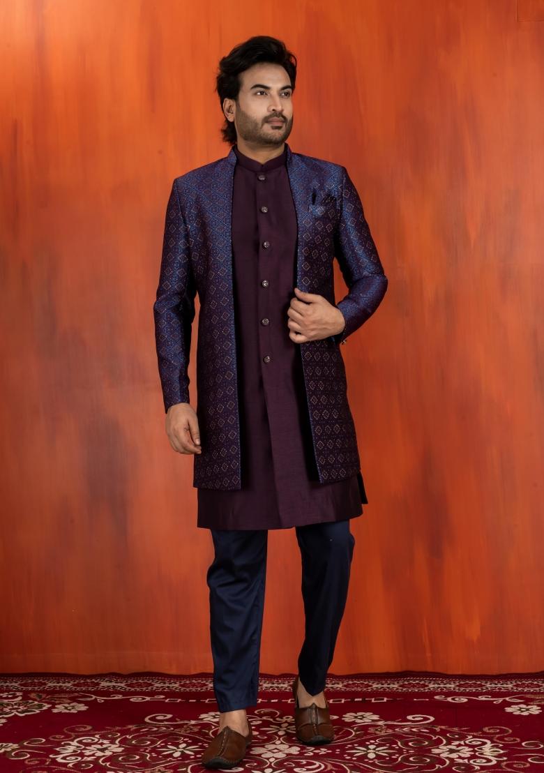Navy Blue Embroidery Jacquard Sherwani Set For Men - Indya