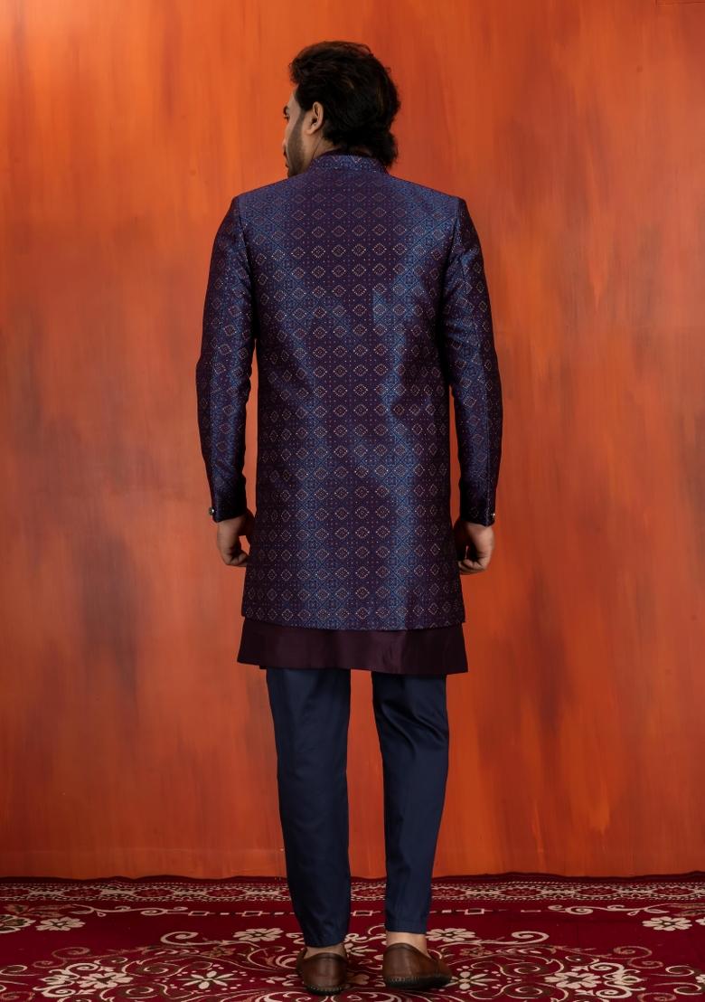 Navy Blue Embroidery Jacquard Sherwani Set For Men - Indya