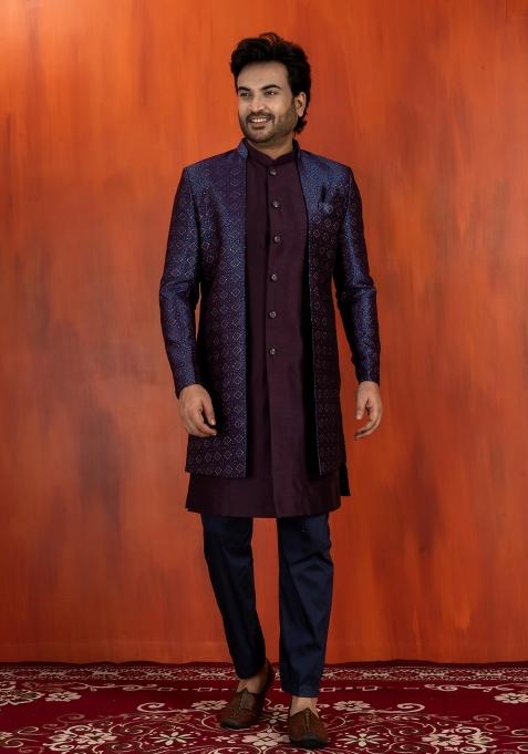Navy Blue Embroidery Jacquard Sherwani Set For Men