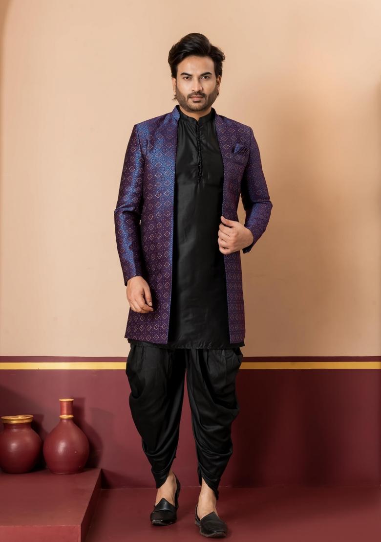 Navy Blue Embroidery Jacquard Sherwani Set For Men - Indya