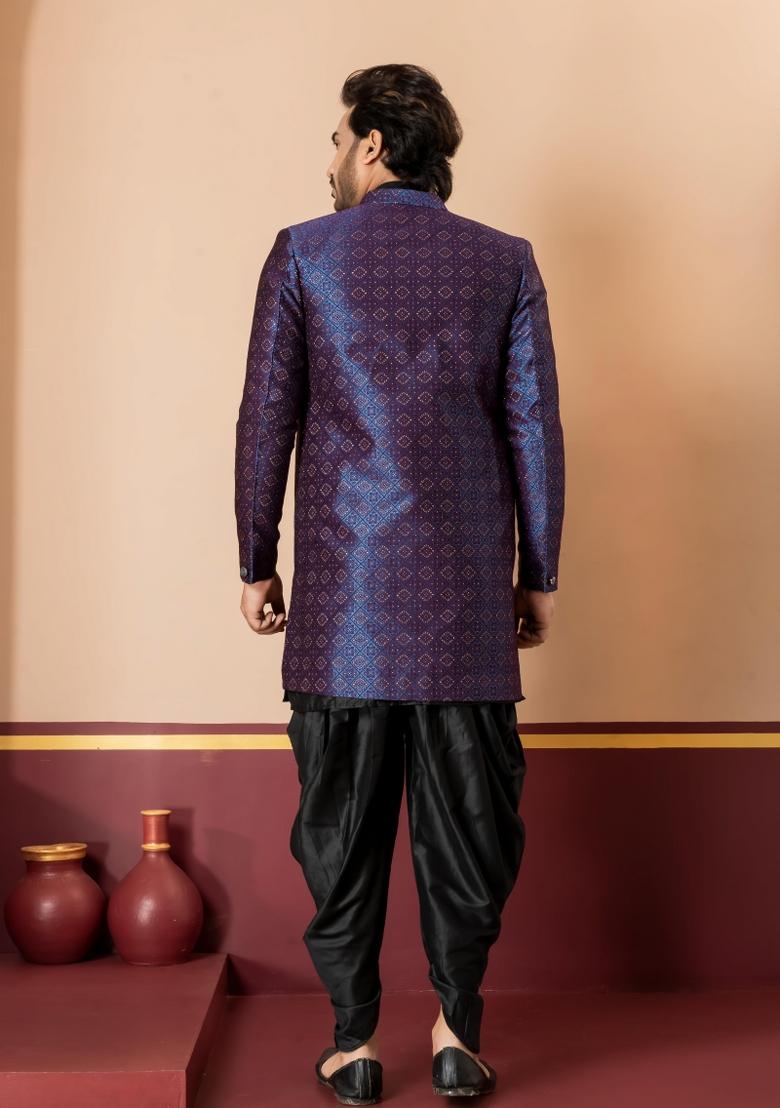 Navy Blue Embroidery Jacquard Sherwani Set For Men - Indya