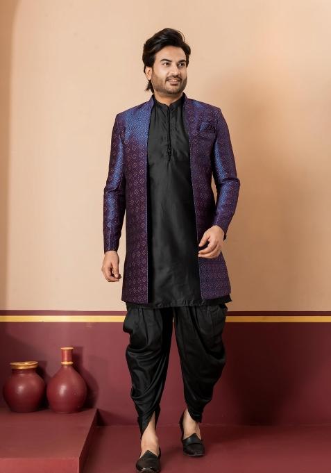 Navy Blue Embroidery Jacquard Sherwani Set For Men